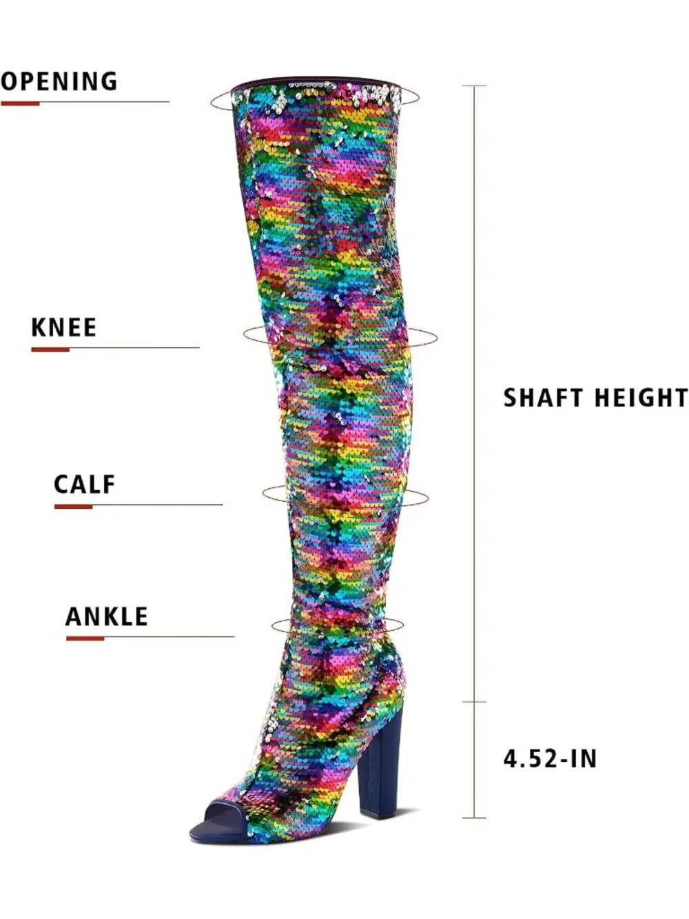 Women's Color Chunky High Heels Open Toe Sequin Over The Knee Thigh High Boots